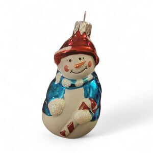 Vintage Glass Snowman Ornament with Candy Cane and Glitter Accents